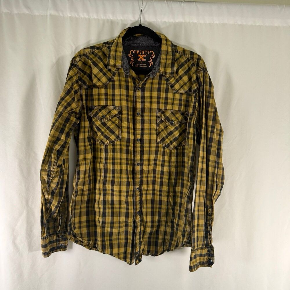Wrangler 20X Pearl Snap Men's Large Yellow Plaid Long Sleeve 100% Cotton